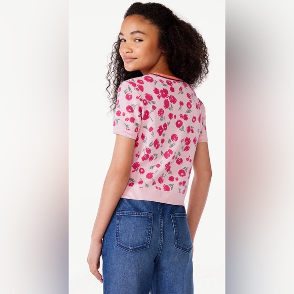 Free Assembly Girls Short Sleeve Intarsia Sweater Top L (10/12) Flowers - Picture 3 of 7